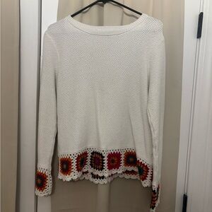 VINTAGE White Sweater with Colorful Crochet Accents